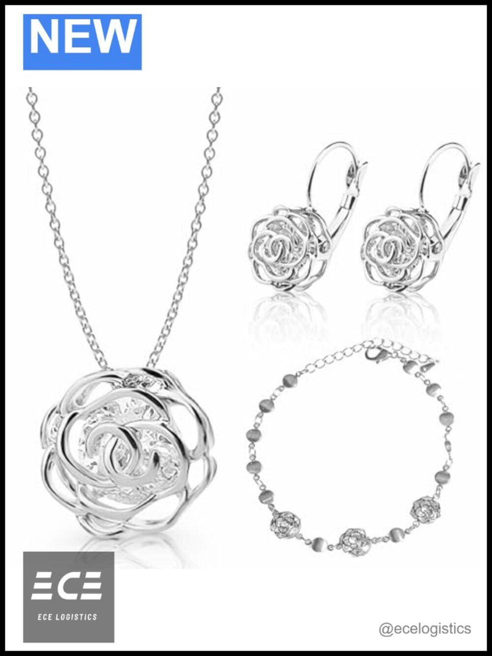 18K Gold Plated Crystal Rose Jewelry Set Necklace Earrings Bracelet